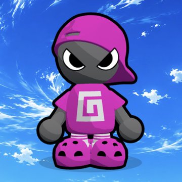 Pixel art mascot character with a black face, wearing a pink hat and pink t-shirt with a white square logo, paired with pink shoes, against a blue sky background.