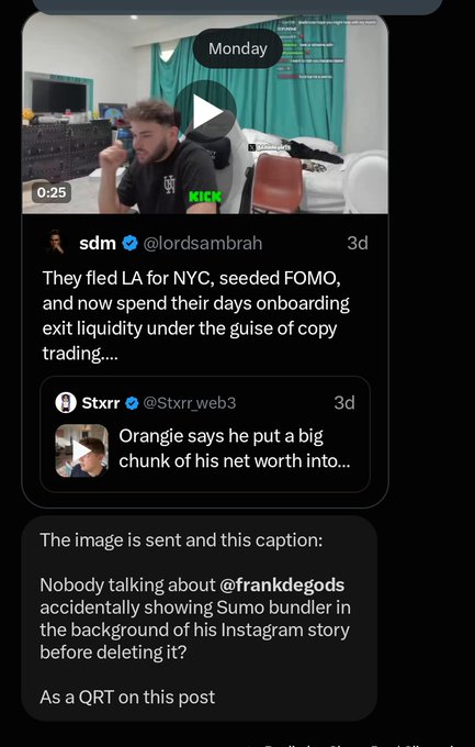 A screenshot of a social media post by @lordsambrah commenting on influencers fleeing LA for NYC and running copy trading schemes, quoting a Stxrr web3 post about Oranje and a QRT referencing @frankdegods.