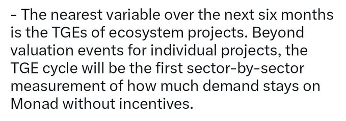The image shows a text excerpt discussing TGE (Token Generation Event) cycles as a key near-term variable, specifically highlighting that TGEs of ecosystem projects over the next six months will serve as the first sector-by-sector measurement of organic demand for Monad without incentives. This relates to the post's point about Monad being a high-performance general-purpose L1, as TGEs will test whether the demand is genuine or purely incentive-driven beyond Monad's technical advantages in HFT and TradFi bridging.