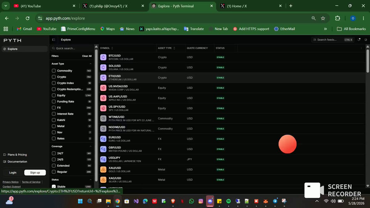 The image shows a computer screen displaying a website called "Pyth Network" with a red ball located at the center of the screen, surrounded by various tabs and sections. The website appears to be focused on cryptocurrency trading, as indicated by the presence of Bitcoin and Ether symbols in the background. The post also mentions that there are free sources available for browsing, including crypto, stocks, forex, coffee, cattle, and other financial markets.