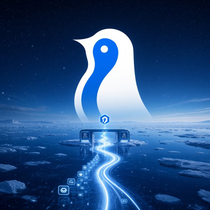 A digital illustration of a large white and blue penguin silhouette set against a starry night sky, overlooking a glowing futuristic data pathway flowing through an icy terrain with technology icons.