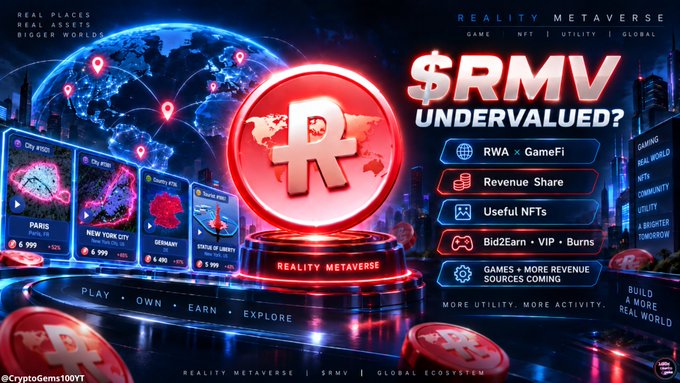 A promotional graphic for the "$RMV" token (Reality Metaverse) features a glowing red "R" logo centered against a futuristic cityscape, with text highlighting "RWA × GameFi," "Revenue Share," "Useful NFTs," and a "$2M" market cap displayed alongside NFT city cards for Paris, New York City, and Germany. The image emphasizes an "undervalued" narrative and "more utility coming," directly reinforcing the poster's claim that $RMV is a low-cap opportunity with revenue sharing, royalty-paying NFTs, and upcoming game/burn features.