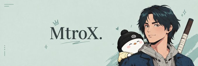 Promotional graphic featuring a stylized anime-style male character with dark hair carrying a small plush, with the text 'MtroX.' displayed prominently.