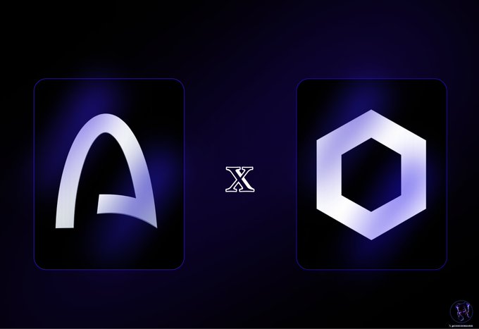 Dark graphic featuring two logos separated by an 'X' symbol, showing a stylized 'A' logo on the left and a hexagonal logo on the right.