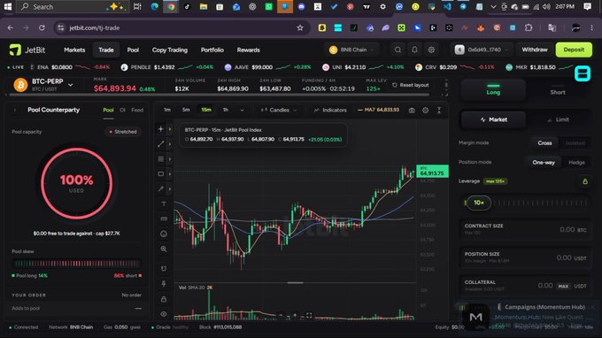 A screenshot of the JetBit crypto trading platform showing a BTC-PERP trading interface with a candlestick chart, pool counterparty at 100% used, and BTC price around $64,893.