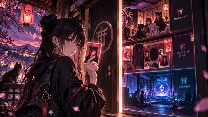 An anime-style woman stands outside a neon-lit storefront holding a card, with a black cat on a railing and signs reading “COMMUNITY,” “EXCLUSIVE DROPS,” and “STAKING.”