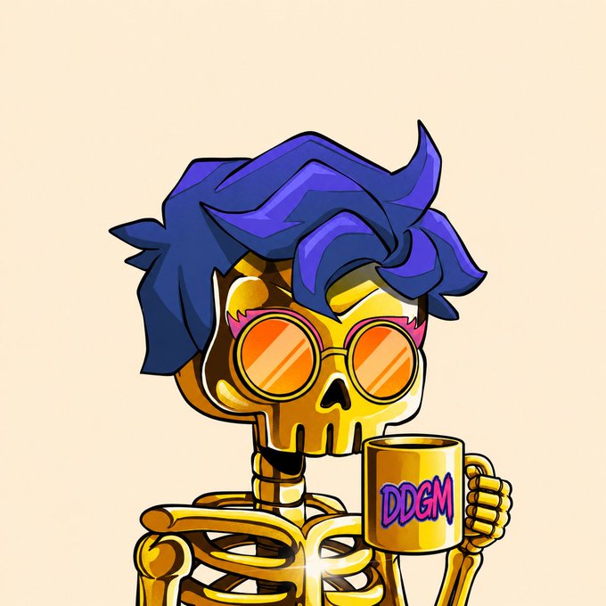 An illustration of a golden skeleton wearing purple hair and orange sunglasses while holding a yellow mug that displays the purple text 'DDGM'.