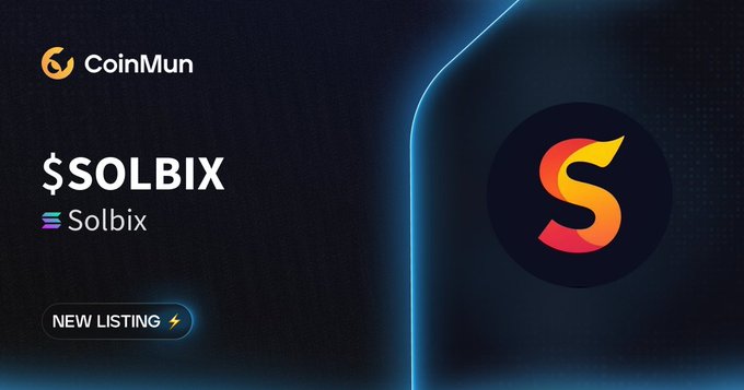 CoinMun announces the new listing of Solbix ($SOLBIX), featuring the project's bold "S" logo on a sleek dark background with a "NEW LISTING" callout.
