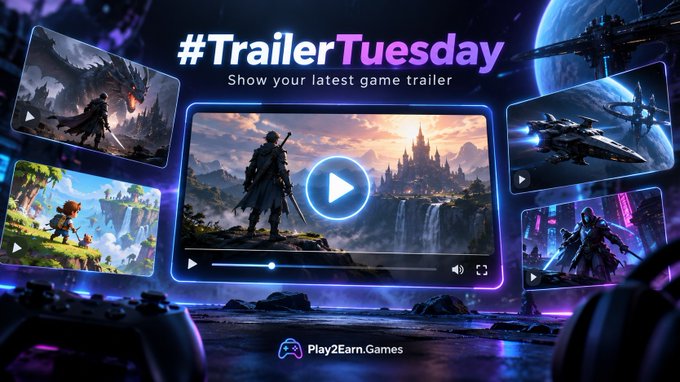 A promotional graphic for #TrailerTuesday by Play2Earn.Games features a central video player showing a fantasy warrior character, surrounded by floating screens displaying various game scenes like dragons, spaceships, and characters.