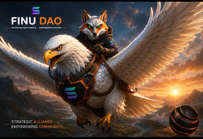A dramatic illustration shows an anthropomorphic fox warrior riding a majestic bald eagle in flight over mountains at sunset, branded with the FINU DAO logo and tagline "Decentralized Finance • Empowering Futures," along with the text "Strategic Alliance • Empowering Community." The image visually echoes the biblical references in the post about being carried on eagles' wings and mounting up with wings as eagles, symbolizing $FINU's soaring ascent and spiritual empowerment.