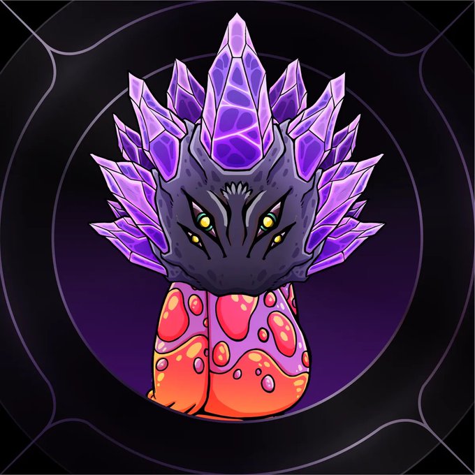 A fantasy digital artwork of a creature with a dark face, multiple yellow eyes, purple crystal-like spikes on its head, and a colorful pink and orange spotted body.