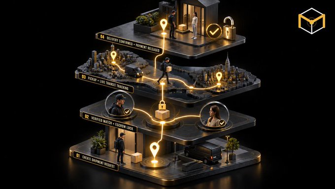 An isometric 3D illustration showing multiple stacked tiered platforms labeled with delivery steps (e.g., '04 DELIVERY CONFIRMED', '03 PICKUP', '02 VERIFIED MATCH'), connected by glowing yellow paths, with a small BNBB logo in the top right.