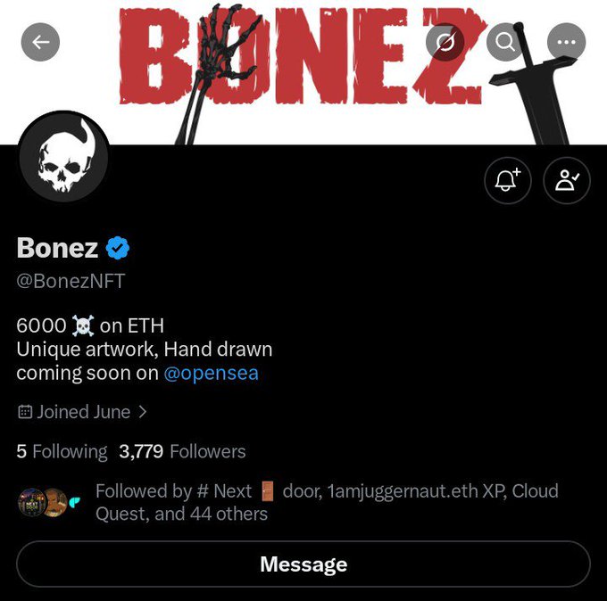 A Twitter/X profile page for 'Bonez' (@BonezNFT) with a skull profile picture, banner showing 'BONEZ' in red text, bio stating '6000 on ETH, Unique artwork, Hand drawn coming soon on @opensea', and 3,779 followers.