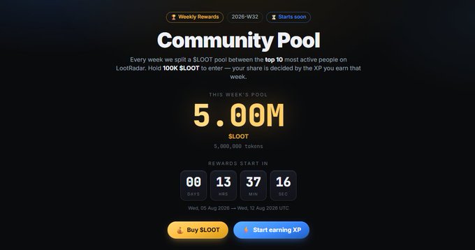A 'Community Pool' rewards page showing 5.00M $LOOT weekly pool prize (5,000,000 tokens) for week 2026-W32, with a countdown timer at 00 days, 13 hours, 37 minutes, 16 seconds and options to 'Buy $LOOT' or 'Start earning XP'.