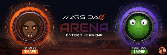 The image features two cartoon faces with text above them, one reading "MDAO" and the other saying "enter the arena". The faces are anthropomorphized with eyes and mouths, giving them a human-like appearance. The text on the faces suggests that they might be related to the concept of meme tokens or DeFi projects, as they appear to be discussing the mechanics behind these concepts in a creative way.

The image also includes some text about MDAO Battle Arena, which is likely an attempt to explain the concept further. Overall, it seems like a playful and imaginative approach to discussing complex topics such as meme tokens or DeFi projects.