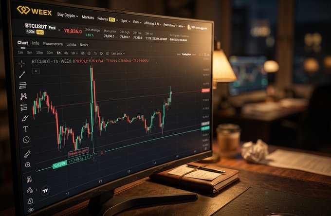 A computer monitor displaying a WEEX BTCUSDT perpetual trading chart with a candlestick graph, set on a desk alongside a notebook, pen, and a glass in a dimly lit room.