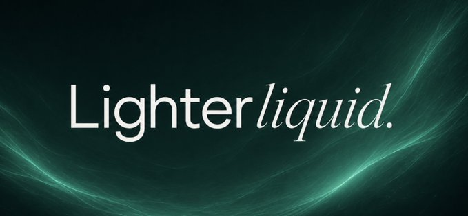 The image features the text "Lighter liquid." prominently displayed in white against a dark teal background with flowing, wave-like patterns. This relates to the "$LIT" ticker mentioned in the post, where "LIT" is commonly shorthand for "light" or relates to lighter liquid, making it a fitting visual representation for the ticker symbol shared.