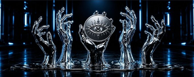 A row of metallic hands rising from a reflective surface, with the central hand holding an ornate orb featuring an all-seeing eye symbol, fitting the cryptic and mysterious tone of the riddle contest offering a whitelist to @0xNTRPY.