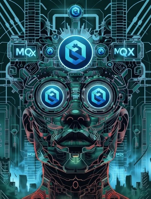A digital cyberpunk-style artwork featuring a face composed of circuit board patterns with glowing MQX logos replacing the eyes, forehead, and temples.