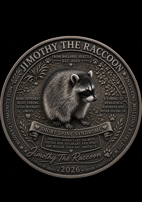 A stunning coin design commemorates Jimothy The Racoon from Ballard, Seattle, established in 2023, featuring his inspirational story of resilience. The accompanying post expresses admiration for the design, with the user wanting to have it made into a real coin.