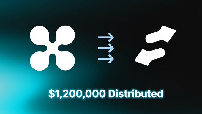 A graphic with the Ripple (XRP) logo on the left and arrows pointing to hands exchanging money on the right, with the text '$1,200,000 Distributed' displayed at the bottom.