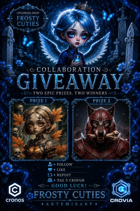 A promotional graphic titled 'FROSTY CUTIES COLLABORATION GIVEAWAY' featuring two prize illustrations and instructions to follow, like, repost, and tag 5 crofam, with logos for Cronos and Crovia.