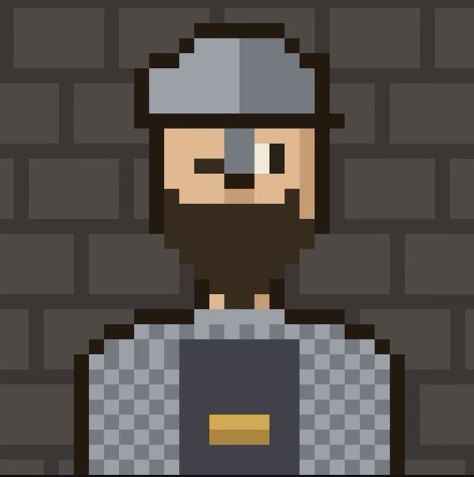 A pixel art style portrait of a bearded character wearing a gray hat and a checkered blue and white shirt, standing against a dark brick wall background.
