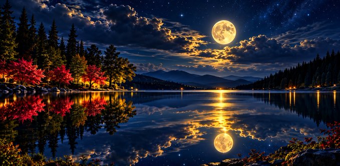 A serene nighttime landscape featuring a full moon reflecting on a calm lake, with autumn-colored trees in red and orange on the shoreline and a starry sky with dramatic clouds.