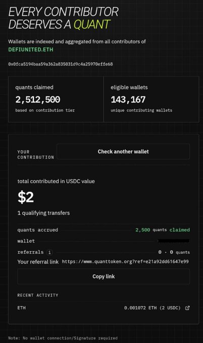 A screenshot from quanttoken.org showing a contributor dashboard for DEFIUNITED.ETH airdrop eligibility, displaying 2,512,500 quants claimed across 143,167 eligible wallets. The user has $2 in total USDC contributions with 1 qualifying transfer, resulting in 2,500 quants already claimed and 0 referrals.