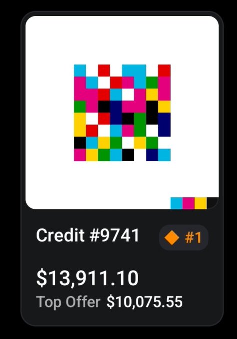 A digital credit card 'Credit #9741' displays a pixelated colorful artwork, showing a value of $13,911.10 with a top offer of $10,075.55 and ranking #1.