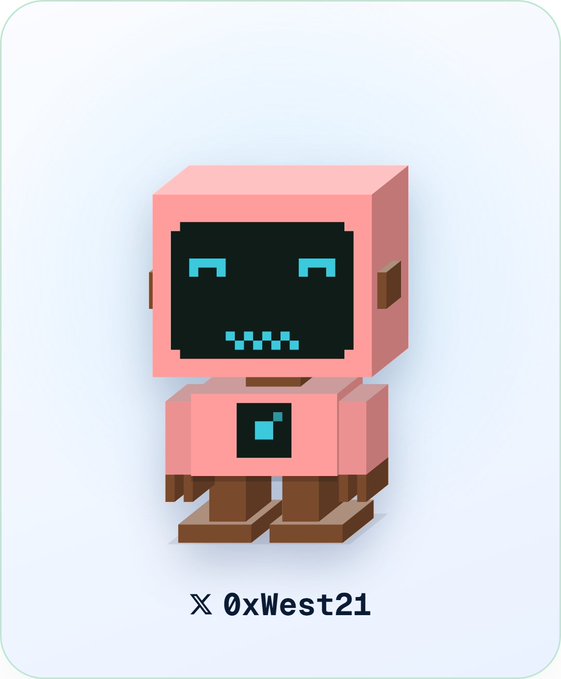 A 3D-rendered pink blocky robot character with a pixelated smiling face, labeled "X 0xWest21" beneath it.