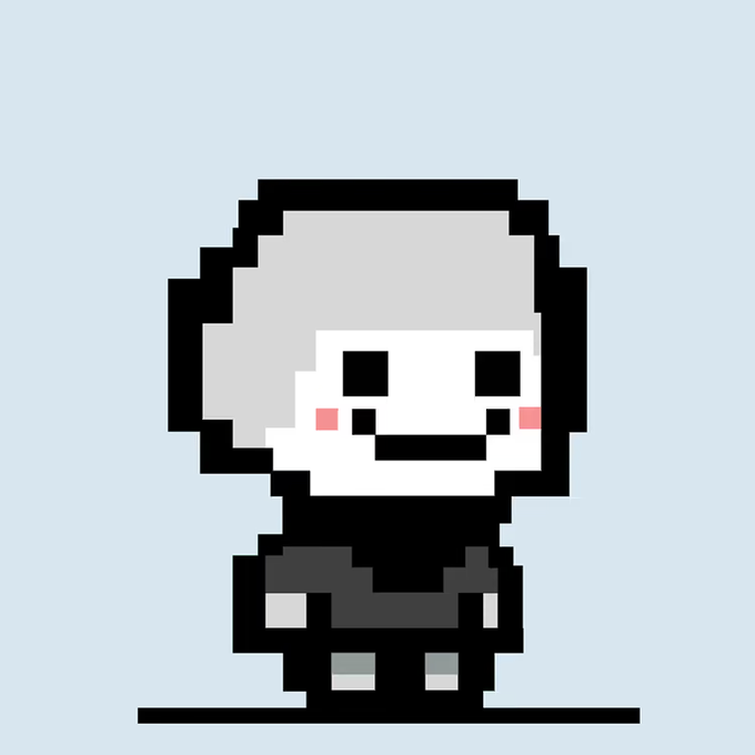 A pixel art illustration of a small character with white hair, a white mask-like face with black eyes and pink cheeks, wearing a dark outfit, standing on a black line against a light blue background.