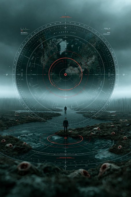 Dark sci-fi image showing a person standing in a desolate landscape facing a large circular radar/sonar interface displaying a world map with red targeting elements.