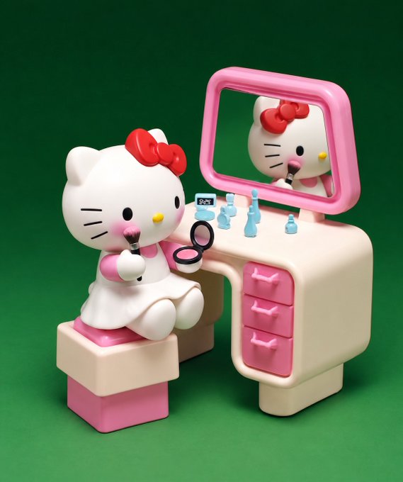 A 3D-rendered Hello Kitty figurine sits at a pink vanity table applying makeup while looking in the mirror.