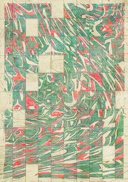 A colorful marbled paper featuring swirling patterns in green, red, and cream, with visible handwritten text including "DISK 11," "Abo," and various page numbers, likely representing an archival or cataloging system from the Art Basel exhibition referenced in the post about digital and generative art curation.