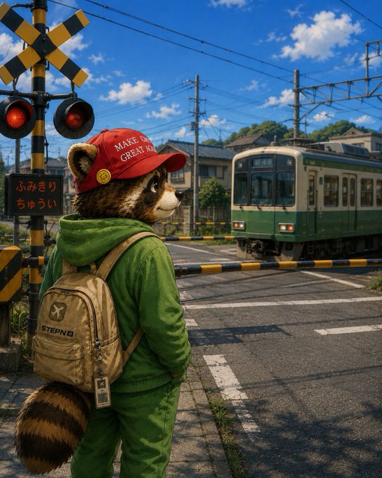 The image features a cartoon raccoon wearing a backpack, standing at an intersection with traffic lights above him. The raccoon appears to be looking back over his shoulder as he waits for the train that is passing by. There are also some text elements in the image, including "おは戦い", which could possibly be a reference to the post about the raccoon or another event happening on this day.
