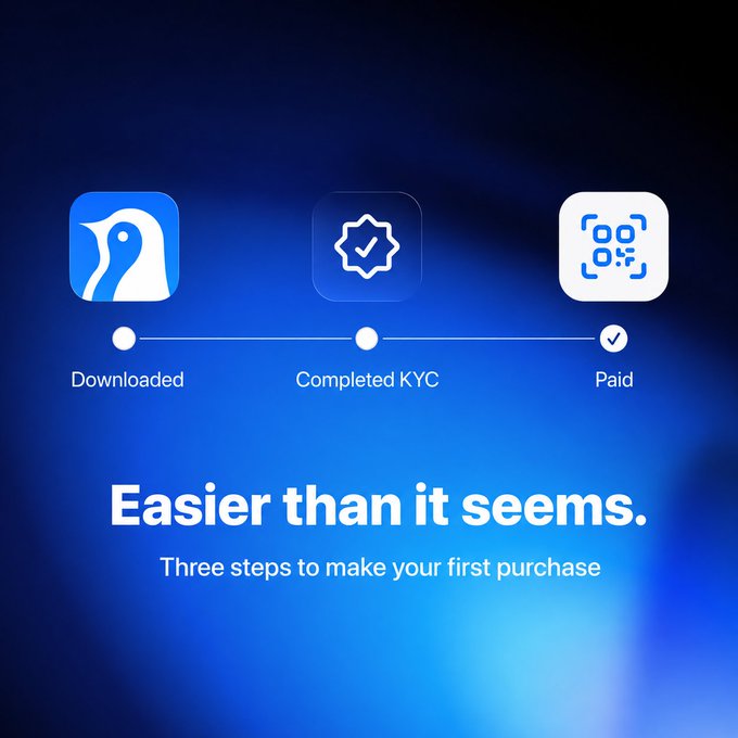 A blue gradient graphic showing a three-step process with icons labeled 'Downloaded', 'Completed KYC', and 'Paid', with the tagline 'Easier than it seems. Three steps to make your first purchase.'