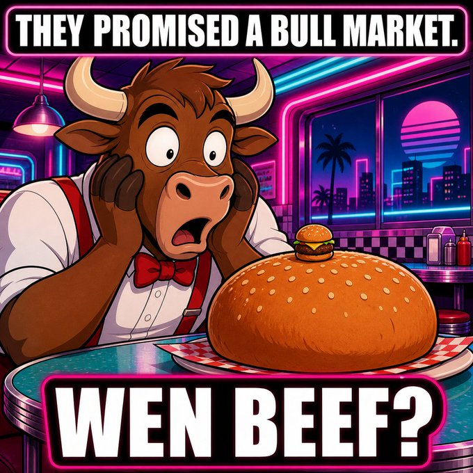 A meme featuring a shocked cartoon bull character in a diner staring at a giant hamburger, with text 'THEY PROMISED A BULL MARKET.' and 'WEN BEEF?'