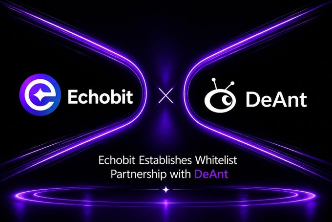 The image showcases a promotional graphic for a partnership between Echobit and DeAnt, featuring their logos connected by a glowing "X" against a purple neon background, with the text "Echobit Establishes Whitelist Partnership with DeAnt" displayed below, visually reinforcing the announcement of their Web3 collaboration highlighted in the accompanying post.