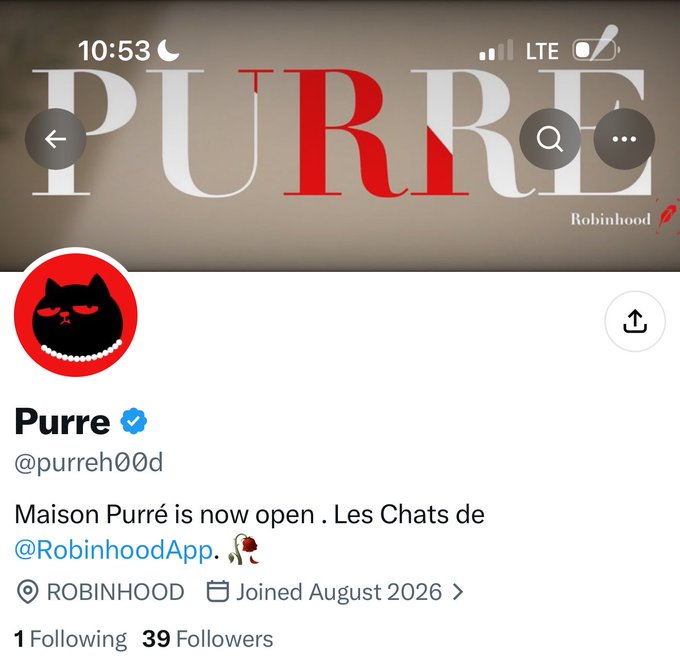The image shows a Twitter/X profile for "Purre" (@purreh00d), featuring a black cat avatar with a pearl collar on a red background, a banner displaying "PURRE" with "Robinhood" in the corner, and a bio stating "Maison Purré is now open. Les Chats de @RobinhoodApp." The profile, which has 39 followers and joined August 2026, aligns with the post announcing an early token launch on the Robinhood Chain.
