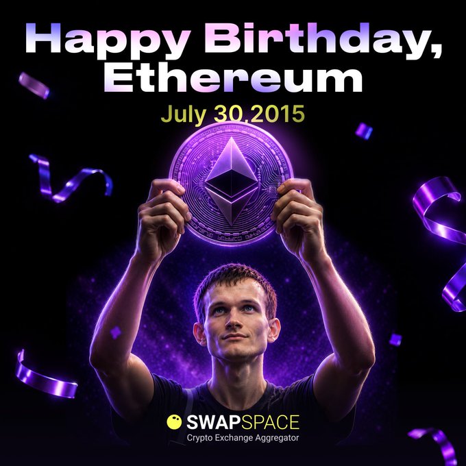 The image is a celebratory graphic featuring a young man holding up a glowing purple Ethereum coin above his head, with confetti and ribbons scattered around against a dark purple background. The text "Happy Birthday, Ethereum — July 30, 2015" is displayed at the top, while the SwapSpace Crypto Exchange Aggregator logo appears at the bottom, marking Ethereum's 11th anniversary.
