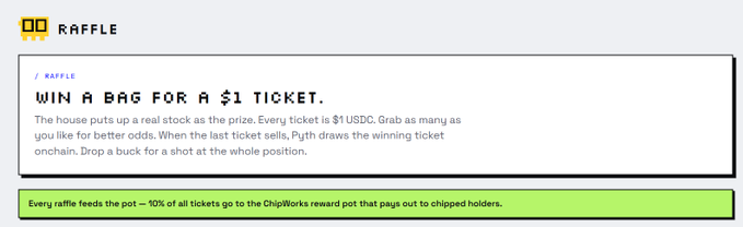 A website screenshot shows a "RAFFLE" section titled "WIN A BAG FOR A $1 TICKET," explaining that tickets are $1 USDC, with all raffle proceeds going to the ChipWorks reward pot.