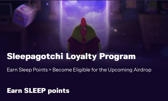 The image shows a cartoon character, likely from the game Sleepagotchi, sitting on top of a bed with a purple background. The text on the image reads "Sleeping...", which suggests that the character is currently sleeping or about to sleep. The image also contains text promoting a loyalty program for the game Sleepagotchi and encourages players to claim their rewards by completing specific tasks within the game.