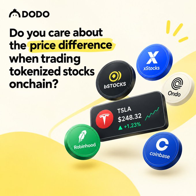 A DODO promotional graphic asking 'Do you care about the price difference when trading tokenized stocks onchain?' featuring logos for bSTOCKS, xStocks, Ondo, Robinhood, Coinbase, and a TSLA stock ticker showing $248.32.