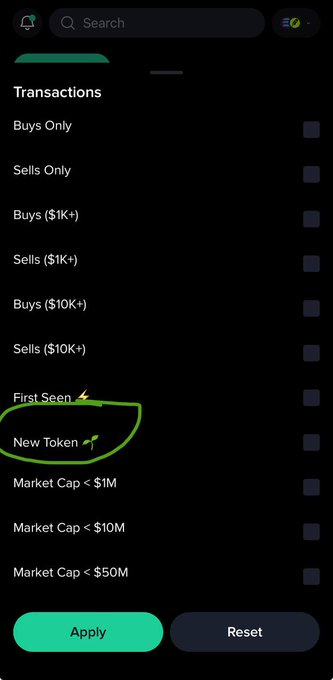 A dark-themed transaction filter screen shows options like Buys Only, Sells Only, and Market Cap ranges, with 'First Seen 🚀' and 'New Token 🌱' circled in green.