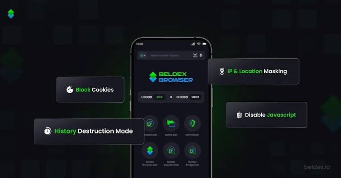 A smartphone mockup displays the Beldex Browser app interface with features including "Block Cookies," "IP & Location Masking," "History Destruction Mode," and "Disable Javascript" highlighted.