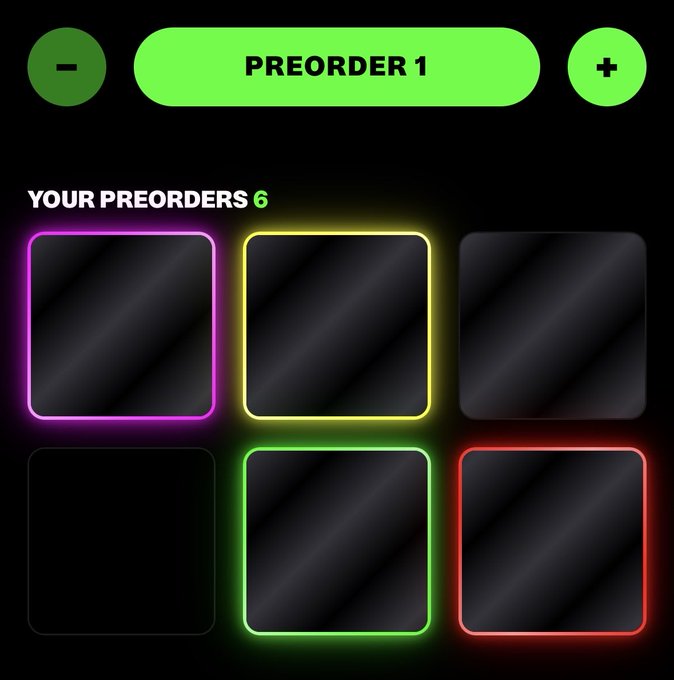A digital preorder interface featuring a green 'PREORDER 1' button with + and - controls, showing a 'YOUR PREORDERS' section with 6 empty slots bordered in purple, yellow, white, green, and red neon.