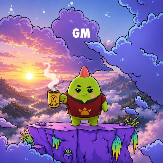 A colorful cartoon illustration of a green dragon-like character wearing a red hoodie standing on a purple cliff at sunset, holding a steaming mug that says 'NICE DAY', with 'GM' (Good Morning) text in the sky above.