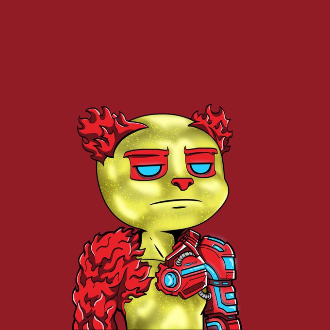 A cartoon-style illustration of a character with yellow skin, red flame-like hair and shoulder details, and a red and blue robotic arm with glowing blue accents, set against a dark red background. The character fits the giveaway theme, likely representing the artwork of @velin_nn or the 1:1 piece being showcased in the post.