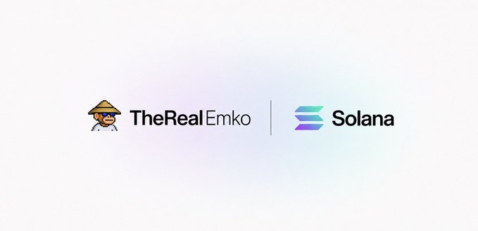 The image shows the logos of "TheRealEmko" and "Solana" side by side, visually representing the announcement that TheRealEmko has decided to remain on the Solana blockchain after careful consideration by his team.